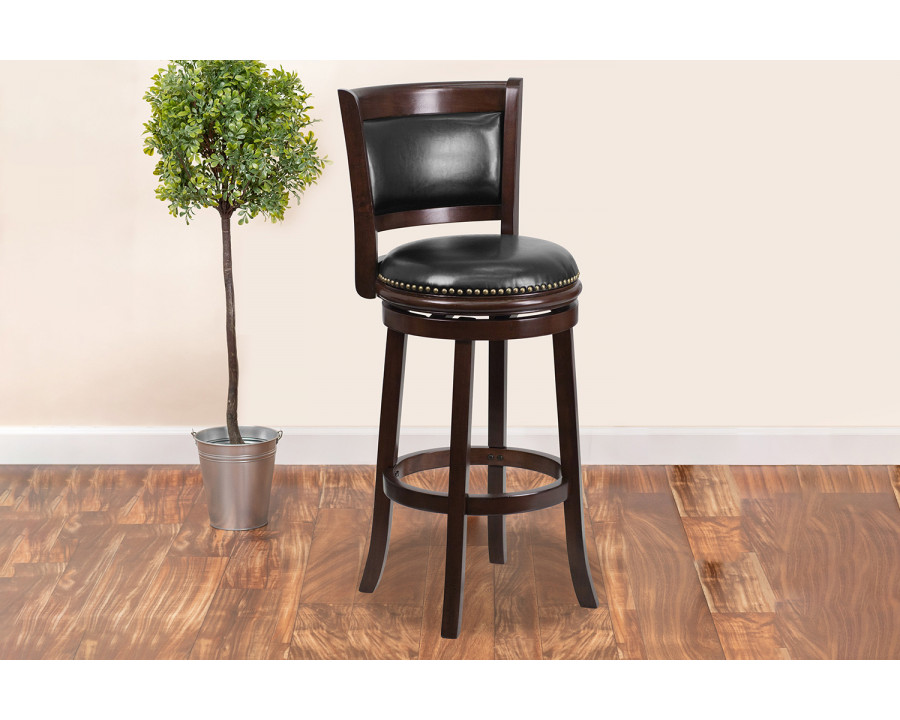 BLNK – Mark Cappuccino Wood Bar Stool with Panel Back and Black Swivel Seat