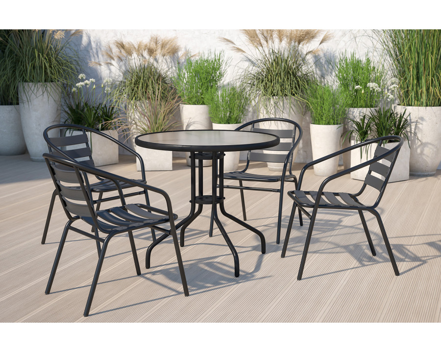 BLNK – Lila Round Table with 4 Black Metal Aluminum Slat Stack Chairs