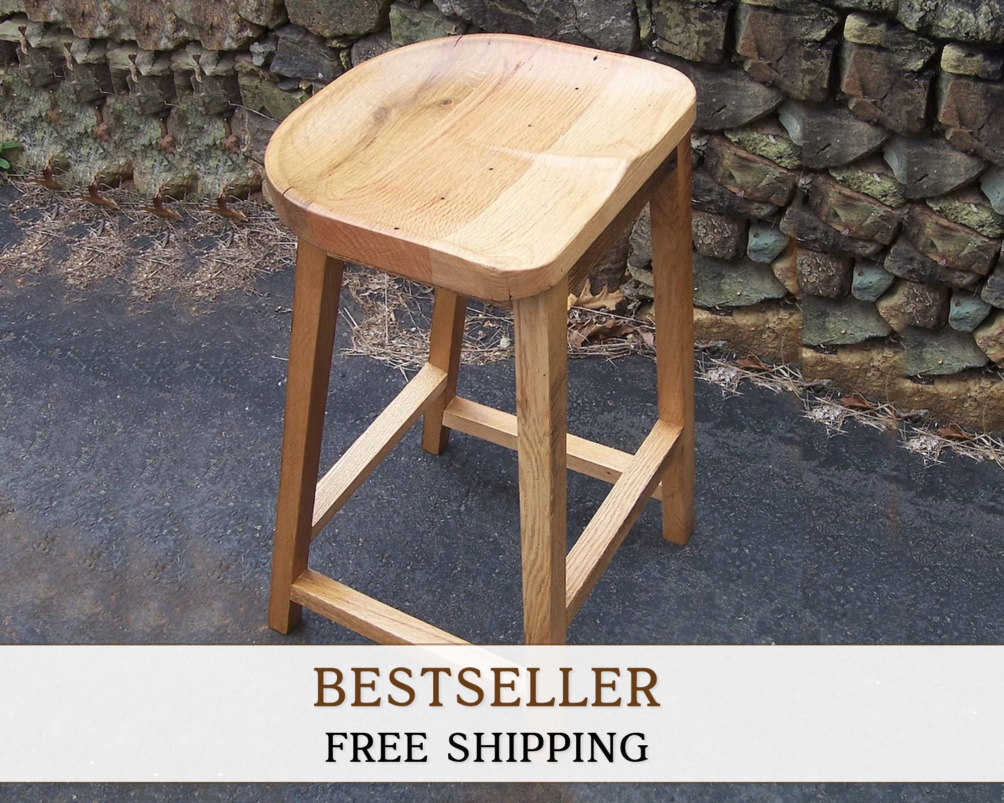 Counter Height Stool, Wood Bar Stool, Reclaimed Oak Tractor Seat, Backless Bar Stool, Contoured Scooped Seat Kitchen Stool