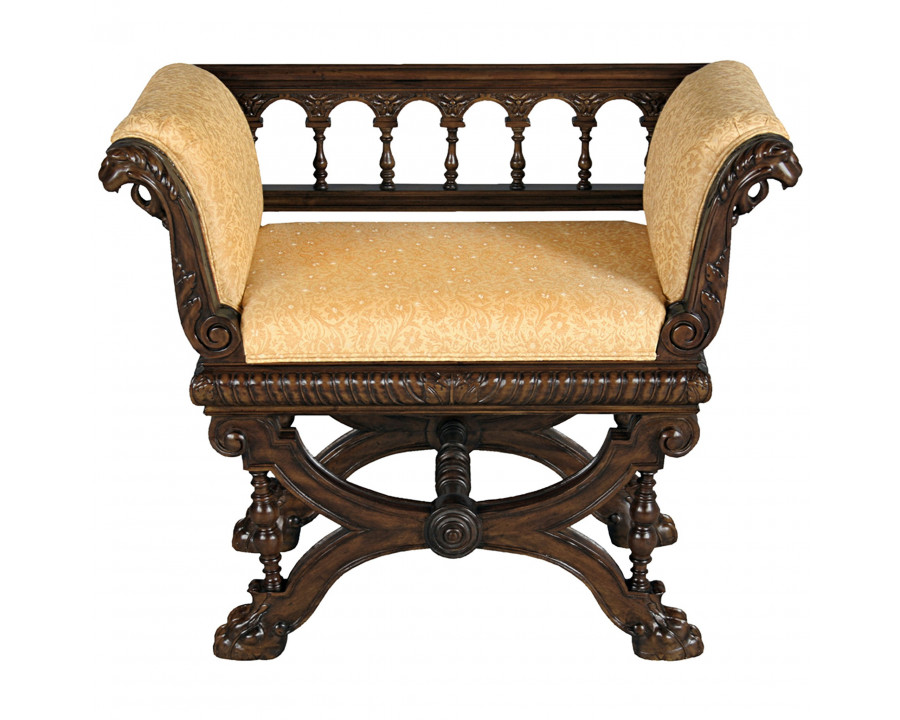 Toscano – Double Griffin Colonnade Bench in Beige, Fabric/Mahogany